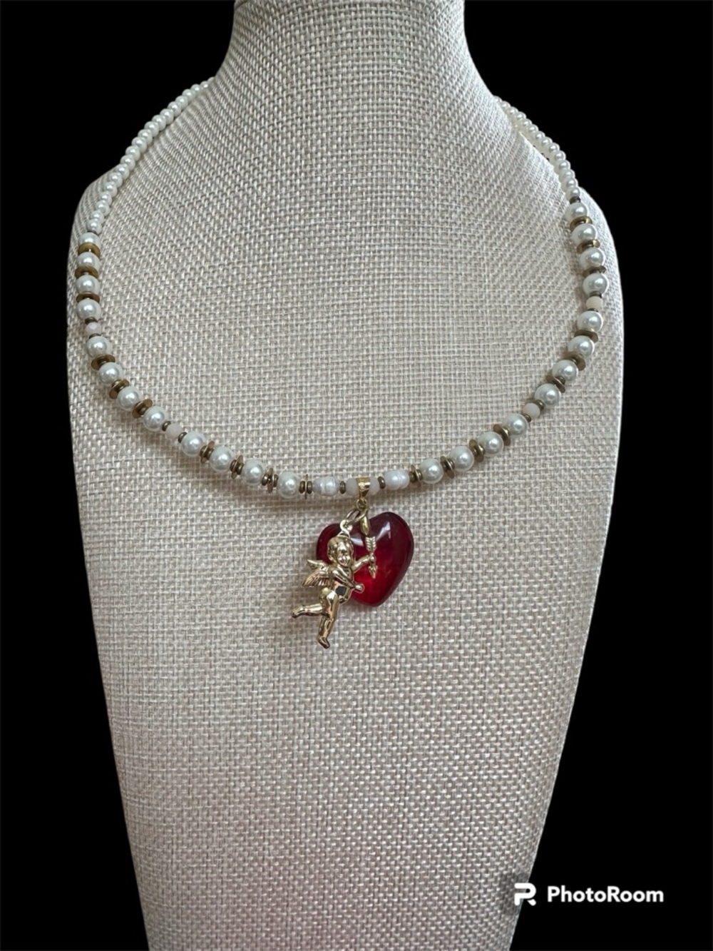 Pearl Bead Necklace with Red Heart & Gold Cherub Pendant